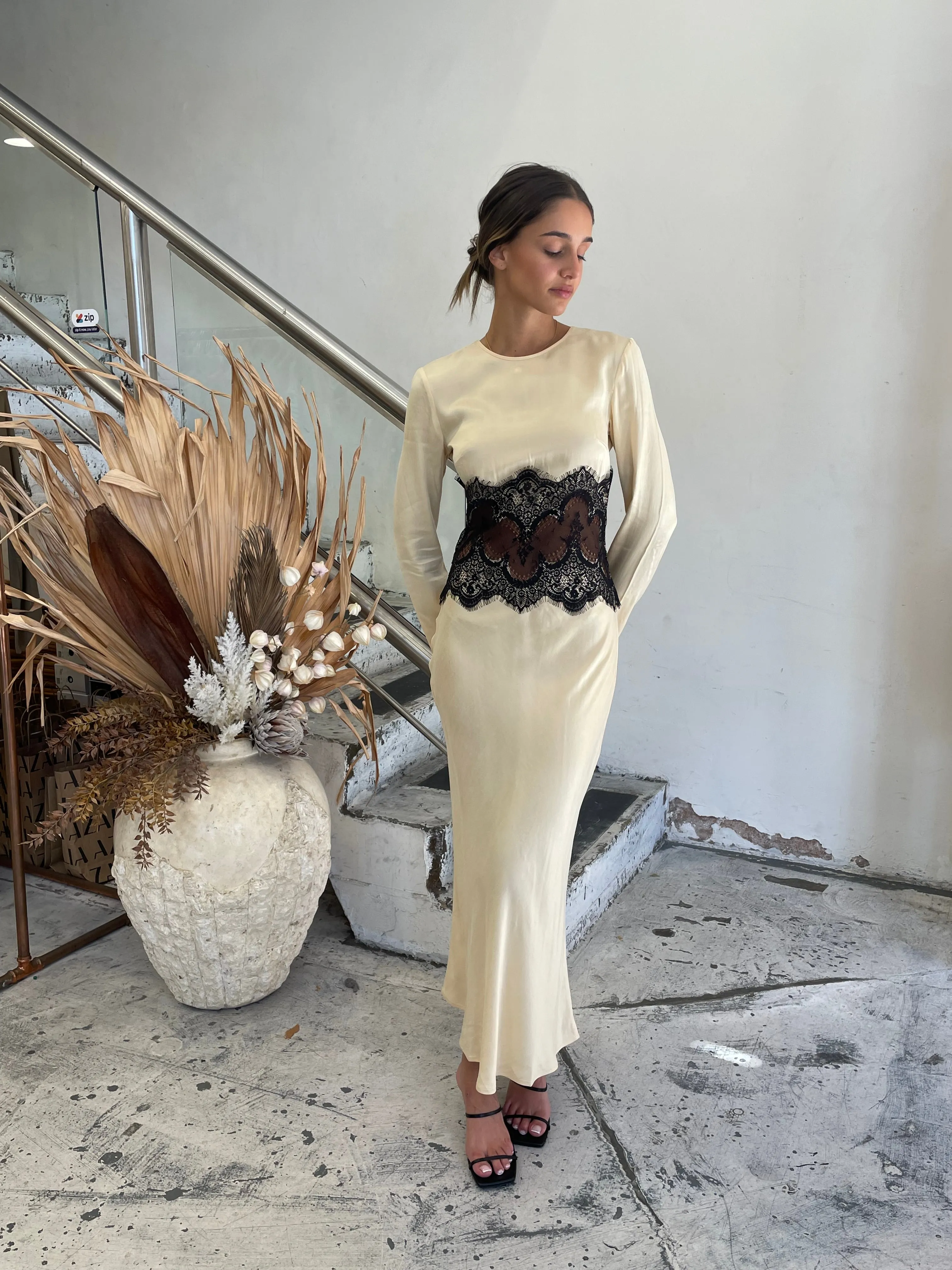 VISIONS LACE TRIM LS MAXI DRESS