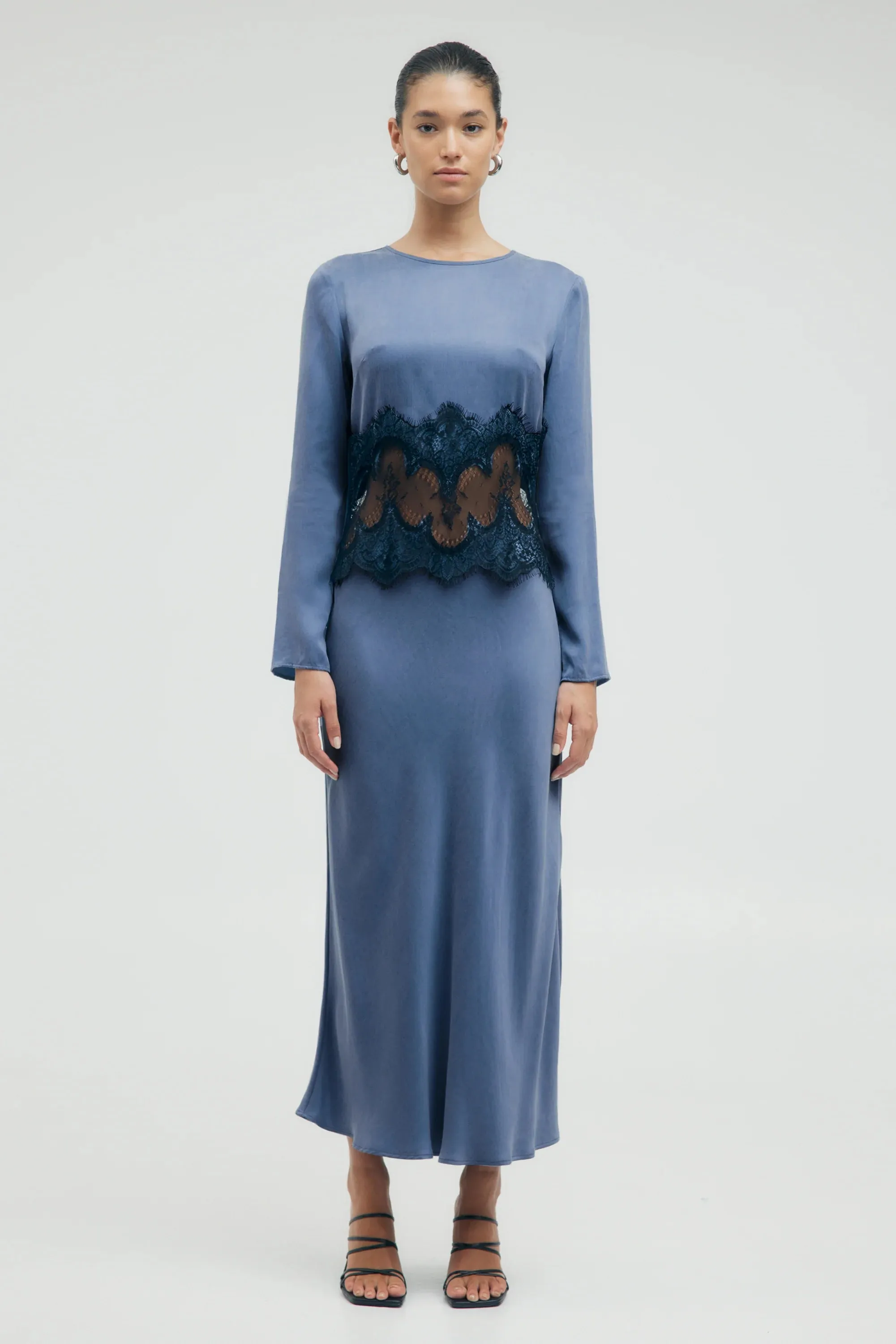 VISIONS LACE TRIM LS MAXI DRESS
