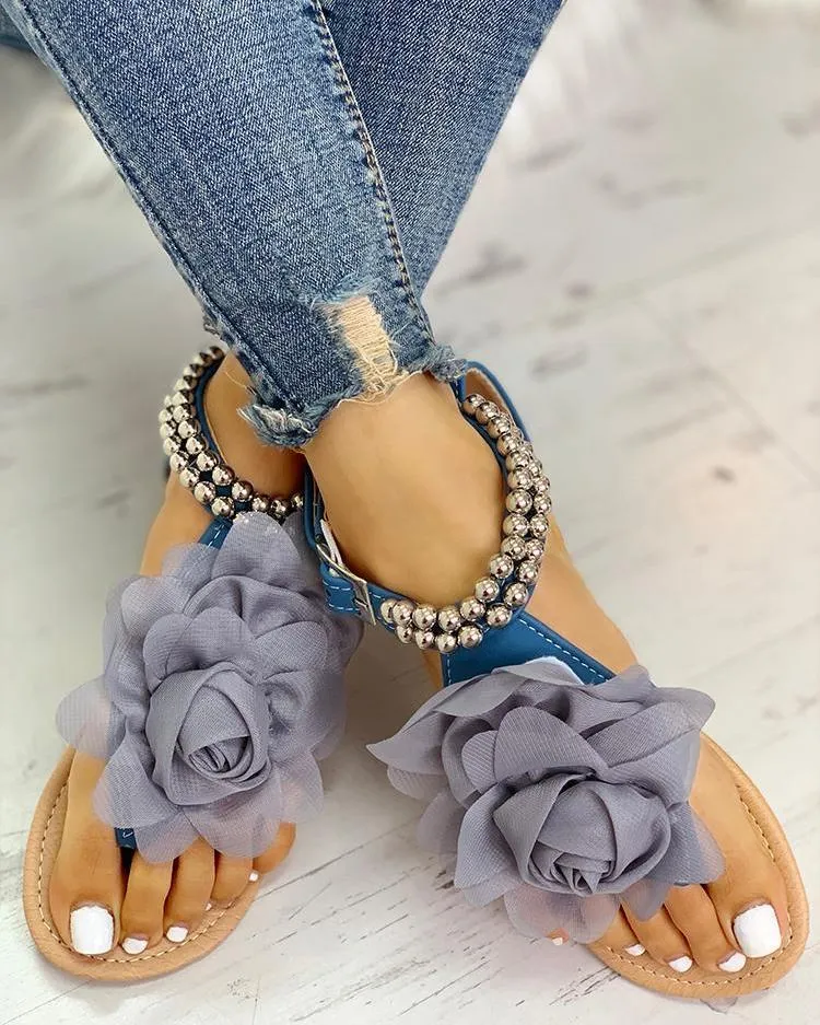 XIEYINSHE  Foreign Trade plus Size Women's Sandals European and American Flat Flip-Toe Sandals Bohemian Women's Sandals Beaded Three-Dimensional Flower Sandals