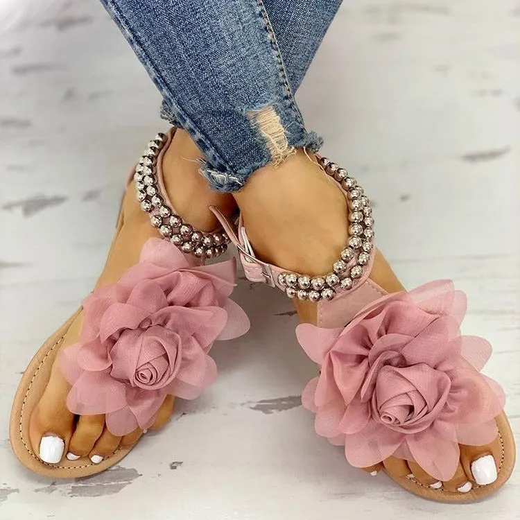 XIEYINSHE  Foreign Trade plus Size Women's Sandals European and American Flat Flip-Toe Sandals Bohemian Women's Sandals Beaded Three-Dimensional Flower Sandals