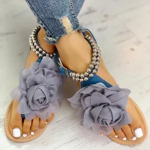 XIEYINSHE  Foreign Trade plus Size Women's Sandals European and American Flat Flip-Toe Sandals Bohemian Women's Sandals Beaded Three-Dimensional Flower Sandals