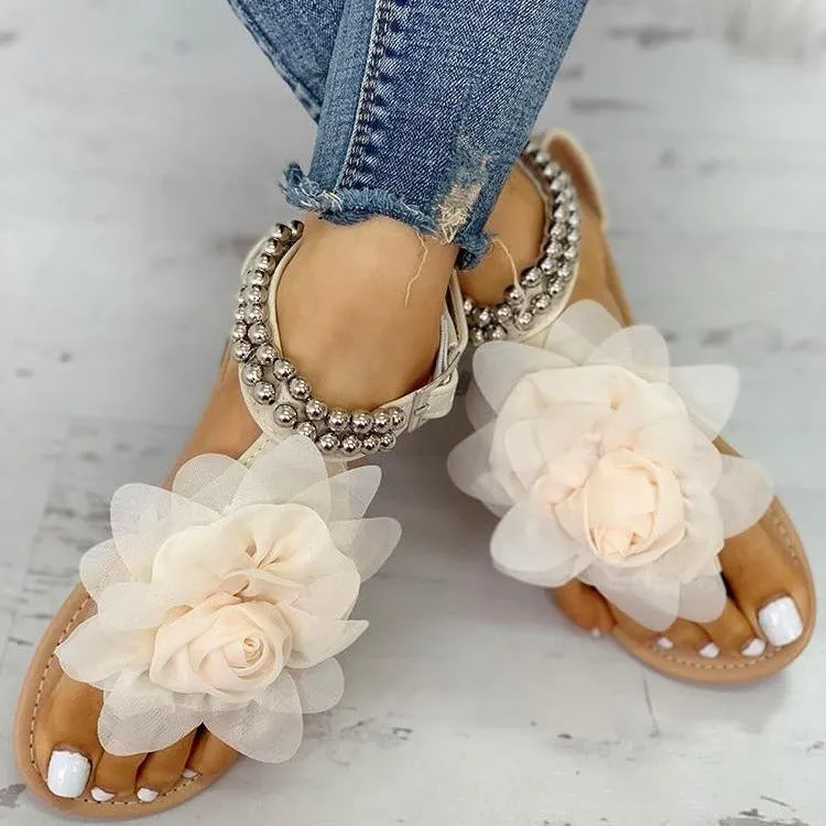 XIEYINSHE  Foreign Trade plus Size Women's Sandals European and American Flat Flip-Toe Sandals Bohemian Women's Sandals Beaded Three-Dimensional Flower Sandals