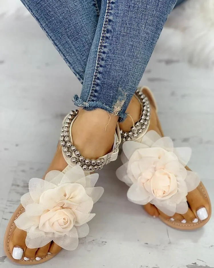 XIEYINSHE  Foreign Trade plus Size Women's Sandals European and American Flat Flip-Toe Sandals Bohemian Women's Sandals Beaded Three-Dimensional Flower Sandals