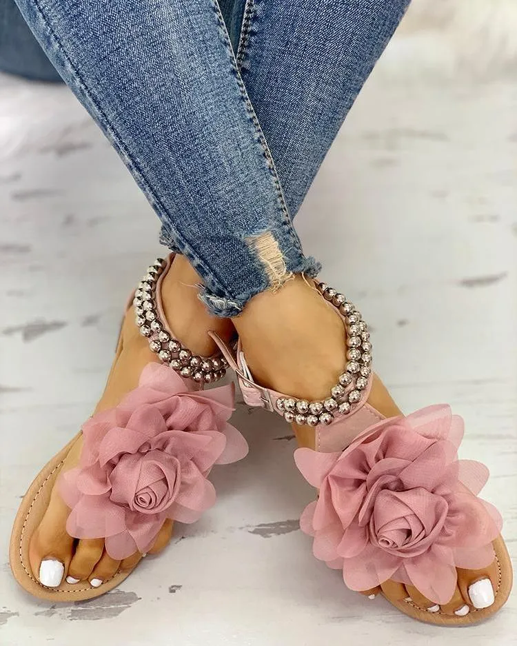 XIEYINSHE  Foreign Trade plus Size Women's Sandals European and American Flat Flip-Toe Sandals Bohemian Women's Sandals Beaded Three-Dimensional Flower Sandals